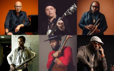 In the top left, John Beasley sitting next to his piano. In the top middle, Kurt Rosenwinkel playing his guitar. In the top right, Marquis Hill holding his trumpet. In the bottom left, Mark Turner holding his saxophone. In the bottom middle, Ben Williams holding his bass. In the bottom right, Terreon Gully looking at the camera. 