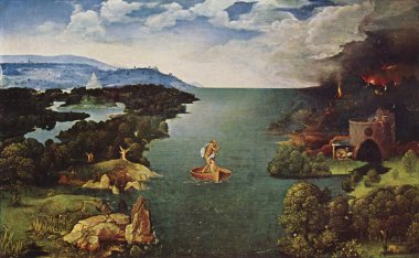 Joachim Patinir painting from the Renaissance; waterway; fire on right side