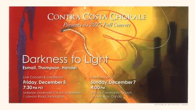 Red, yellow and black painting with the concert title and dates overlaid