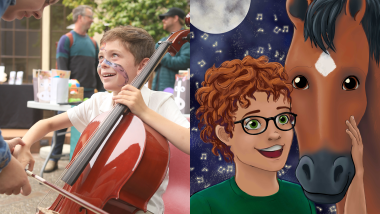 Split image. On the left side, a young boy with face paint smiles while playing the cello. On the right side, an illustration of a redheaded, bespectacled boy pets a brown horse under a moon-lit sky.