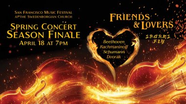 A flaming heart floats in a sky of sparks above two violins of liquid fire
