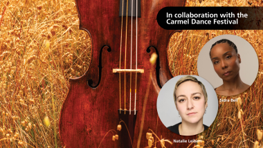 A violin with a wheat field background, with two portraits of featured artists on the program and the text "In Collaboration with the Carmel Dance Festival."