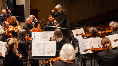 A woman conducts a chamber orchestra made up of violins, violas, cellos, and basses. 