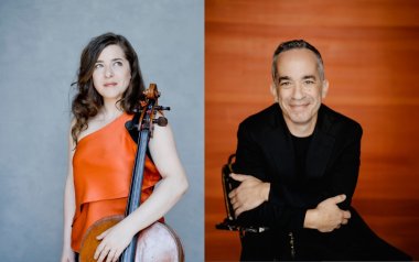 Alisa Weilerstein (left) poses in an orange dress holding her cello and Inon Barnatan (right) sits on a chair with his arms folded.