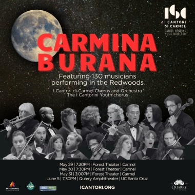 Concert poster for Carmina Burana featuring a large moon and pictures of singers and orchestra players against a black background. Text includes the date, time, and location.