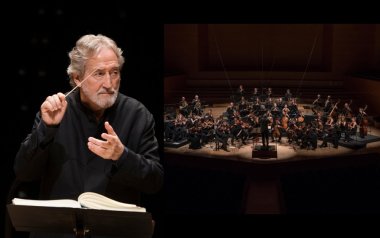 Jordi Savall (left) conducts during a performance with Le Concert des Nations (right). 