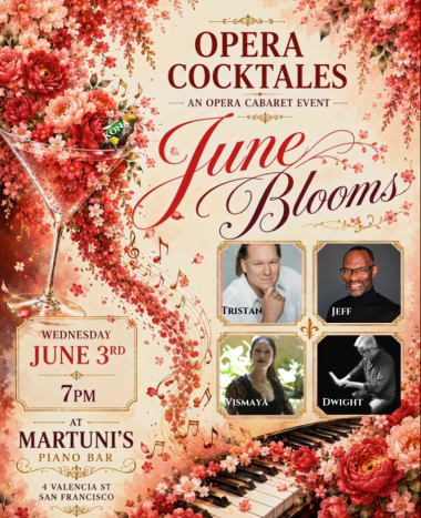 a martini glass swirling out flowers and notes. Title of the event time, date and pics of the performers
