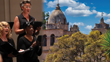 A collage of two images, one showing three women singing in a choir, the other showing the Carmel Mission Basilica with a blue sky in the background.