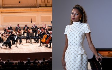Left: Orpheus Chamber Orchestra performing with instruments. Right: Isata Kanneh-Mason posed in a white dress with beads next to a piano.