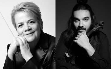Left: Marin Alsop poses with a baton in hand. Right: Nemanja Radulović poses with a violin.