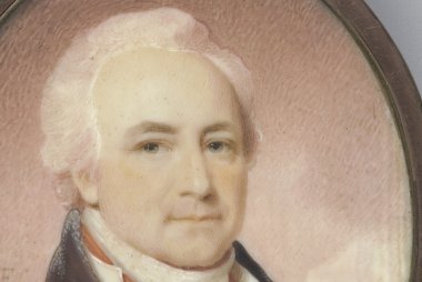 Paint portrait of white man with white hair. 