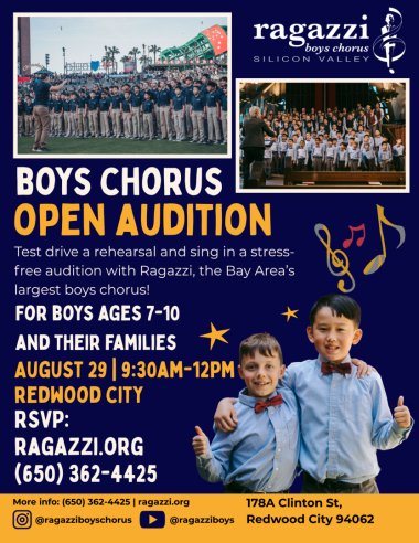 Flyer advertising Ragazzi Boys Chorus' Open Audition Event on August 29, 2026 in Redwood City