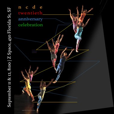 Nine brightly clad dancers fall away from each other against a background of zigzags