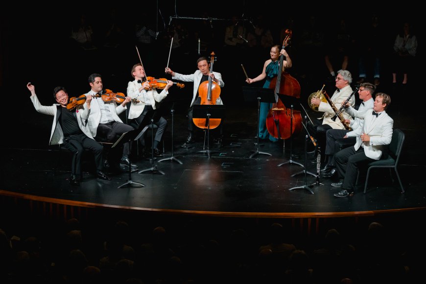 Paul Huang, Arnaud Sussmann, James Thompson, Sihao He, Nina Bernat, Radovan Vlatkovic, Peter Kolkay, and Sebastian Manz performing the Schubert Octet | Credit: Harrison Truong