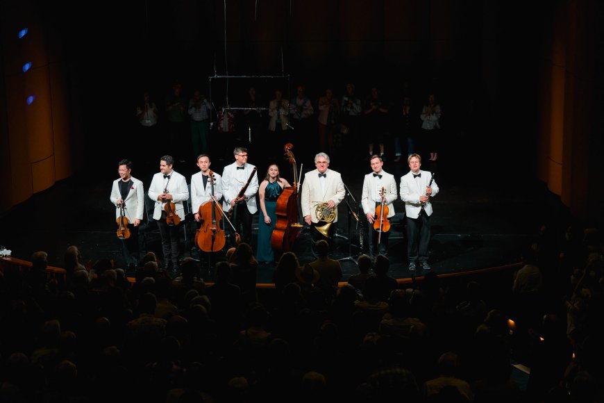 From Left: Paul Huang, Arnaud Sussmann, Sihao He, Peter Kolkay, Nina Bernat, James Thompson and Sebastian Manz take a bow following their performance of Schubert's Octet. | Credit: Harrison Truong