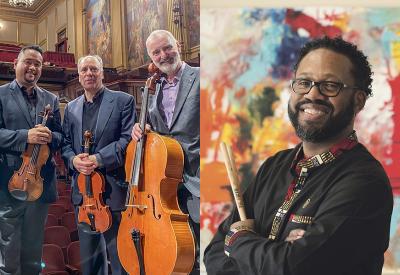Photos of the Alexander String Quartet holding their instruments and Mark Lomax II folding his arms while holding drumsticks