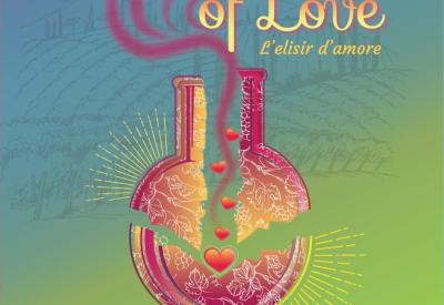 Beautiful love potion bottle filled with hearts on a field of green with a blue sky