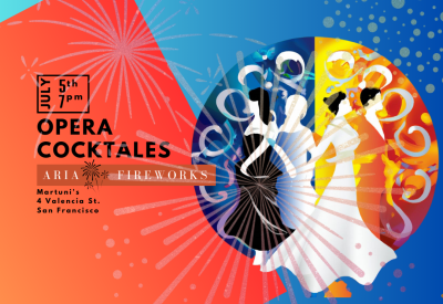 Teal blue and orange opera figures in gowns in a circle with orange square behind details of the event.
