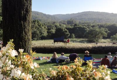 Hunter Noack plays piano in a garden with audience members seated in camping chairs 