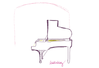 Sketch of an open grand piano under and archway