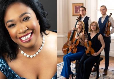 A photo of Michelle Cann next to a photo of the Erinys Quartet