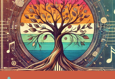 Colorful representation of the tree of life, with music notes floating out of it. 