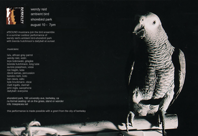 Wendy Reid's Ambient Bird - Shorebird Park with sfSOUND & Bird Ensemble, 160 University, Berkeley Sunday 8/10 - 7pm