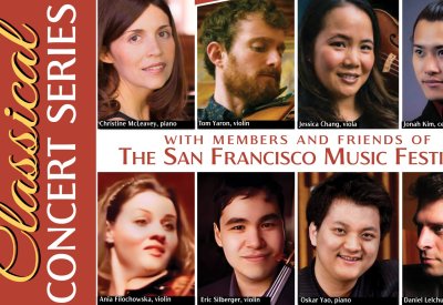 Portraits of 8 members of The San Francisco Music Festival next to a red vertical banner reading "Free Classical Concert Series"