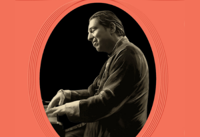 Fazil Say, Piano. Black and white image of a man sitting at a piano.