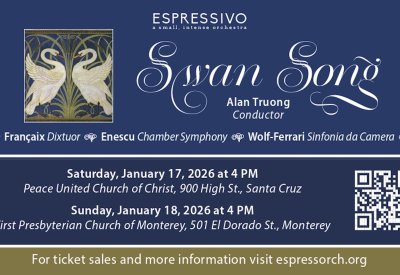 Espressivo, Santa Cruz’s “small, intense orchestra”, will perform on Saturday, January 17 at the Peace United Church in Santa Cruz and on Sunday, January 18 at the First Presbyterian Church of Monterey. Both concerts are at 4 pm. Tickets at espressorch.org