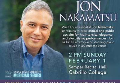 Jon Nakamatsu is pictured with details about his upcoming recital on February 1 at Samper Hall at Cabrillo College.