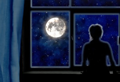 Woman in shadow standing at a window, reflectively gazing at the moon. 