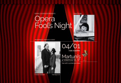 opening theater curtains with photos of the performers and the date/time/location
