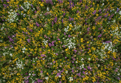A bird's-eye-view of a field of purple, yellow, and white wildflowers.