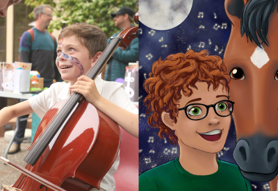 Split image. On the left side, a young boy with face paint smiles while playing the cello. On the right side, an illustration of a redheaded, bespectacled boy pets a brown horse under a moon-lit sky.