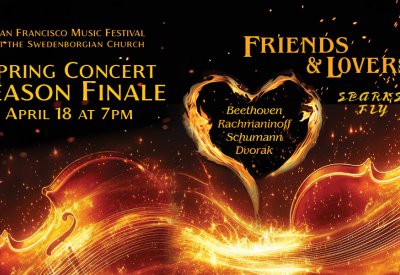 A flaming heart floats in a sky of sparks above two violins of liquid fire