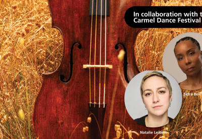 A violin with a wheat field background, with two portraits of featured artists on the program and the text "In Collaboration with the Carmel Dance Festival."