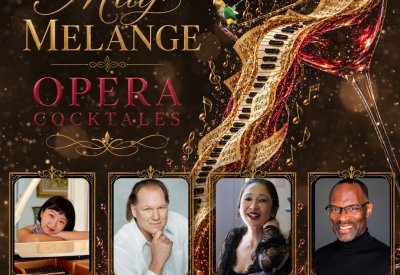 a martini glass tipping to one side with musical notes and a piano keyboard falling out, pics of the performers and the info
