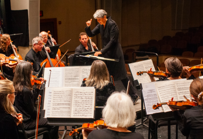 A woman conducts a chamber orchestra made up of violins, violas, cellos, and basses. 