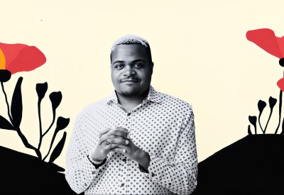 James Parrish Smith surrounded by painted flowers