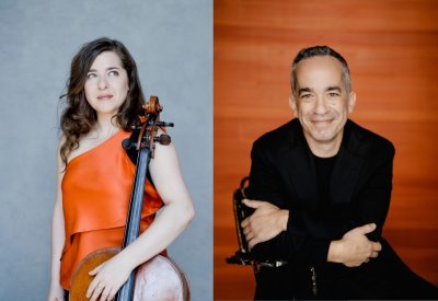 Alisa Weilerstein (left) poses in an orange dress holding her cello and Inon Barnatan (right) sits on a chair with his arms folded.