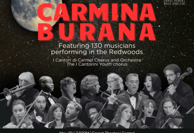Concert poster for Carmina Burana featuring a large moon and pictures of singers and orchestra players against a black background. Text includes the date, time, and location.
