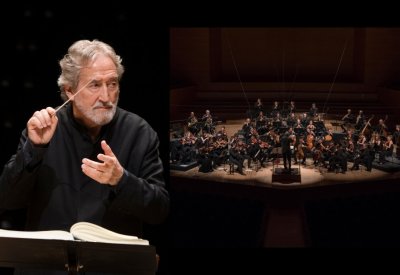 Jordi Savall (left) conducts during a performance with Le Concert des Nations (right). 