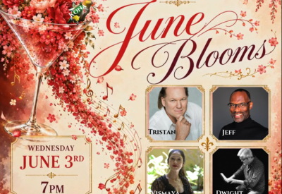 a martini glass swirling out flowers and notes. Title of the event time, date and pics of the performers