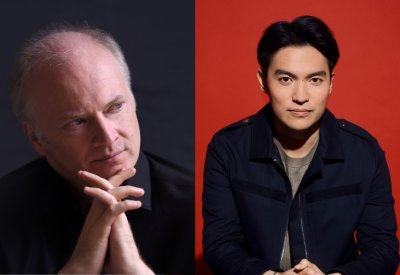Gianandrea Noseda (left) poses with his hands on his chin and Ray Chen (right) poses looking straight ahead in front of a red background.