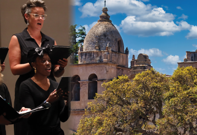 A collage of two images, one showing three women singing in a choir, the other showing the Carmel Mission Basilica with a blue sky in the background.