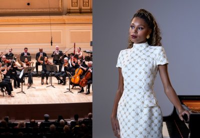 Left: Orpheus Chamber Orchestra performing with instruments. Right: Isata Kanneh-Mason posed in a white dress with beads next to a piano.