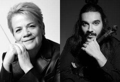 Left: Marin Alsop poses with a baton in hand. Right: Nemanja Radulović poses with a violin.