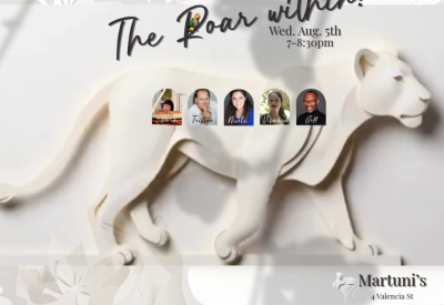 a walking papercut lion in the background with pictures of the performers and the title of the performance and information 