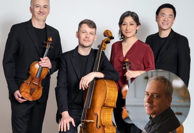 A quartet, holding their instruments, standing in front of a white wall. A man's portrait is in the bottom right corner, as he is the featured pianist.